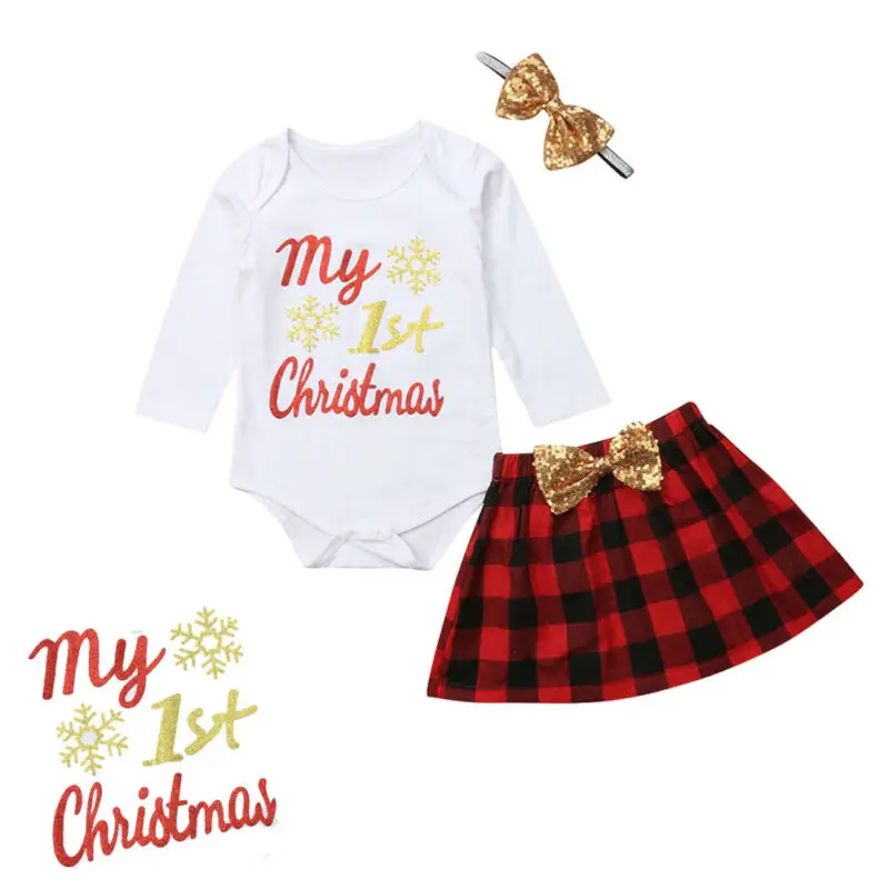 

My 1st Christmas Clothes Newborn Baby Girl Xmas Romper Jumpsuit+Plaid Skirt Outfits+Sequin Bow Headband 3Pcs