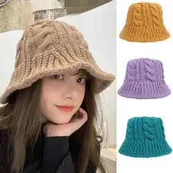 40%HOTFisherman Hat Breathable Twist Braid Solid Color Sun Protection Plush Bucket Cap for Winter