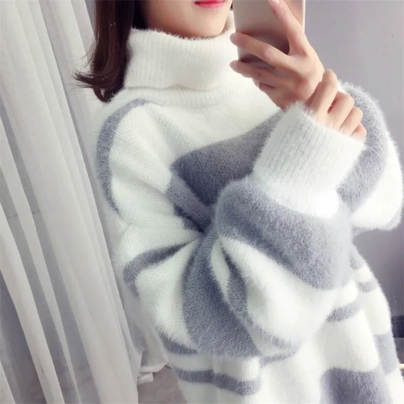 2020 High Neck Sweater Female Striped Long Sleeve Loose Hooded Imitation Water Velvet Top Autumn and Winter New Bottoming Shirt