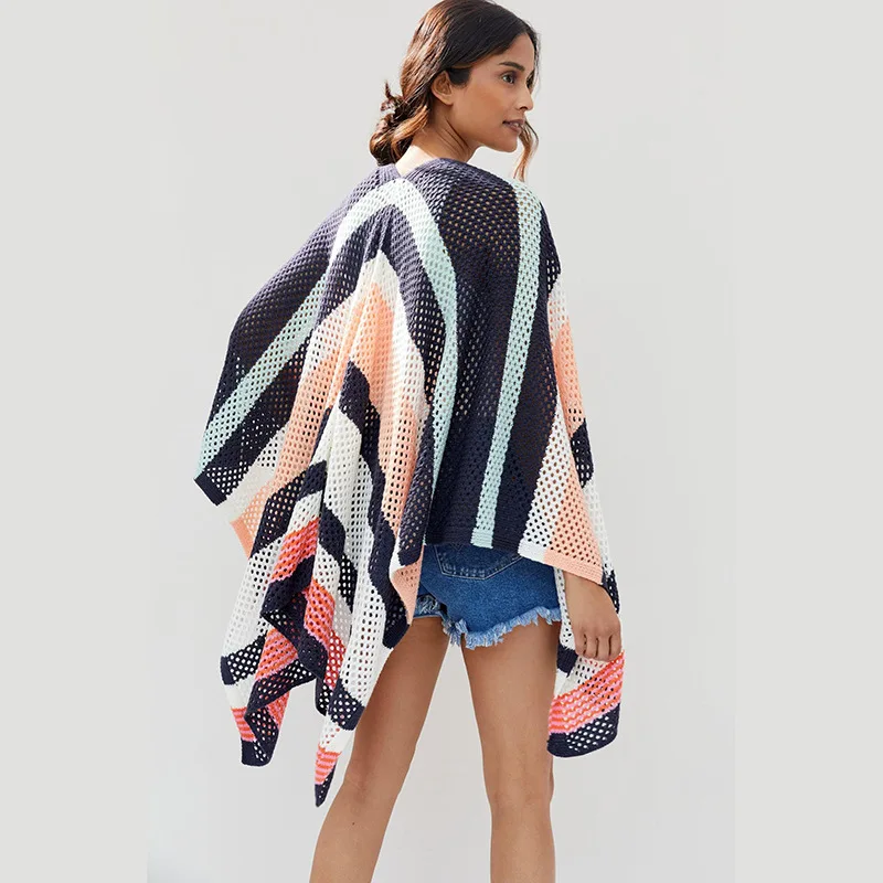 

Contrast Stripes Knit Cardigan Women Summer 2022 Fashion Beach Wear Hollow Out See Through Dress Cover Ups for Swimwear Women