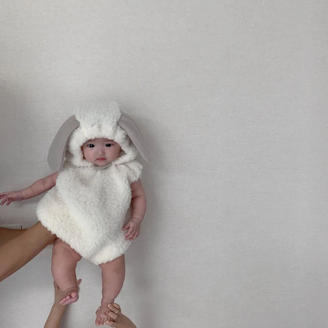 Children Boy Girl Clothes Outfits Lamb Hair Plus Velvet Thicken Jumpsuit Toddler Baby Romper Lamb Climbing Infant Suit Send Hat