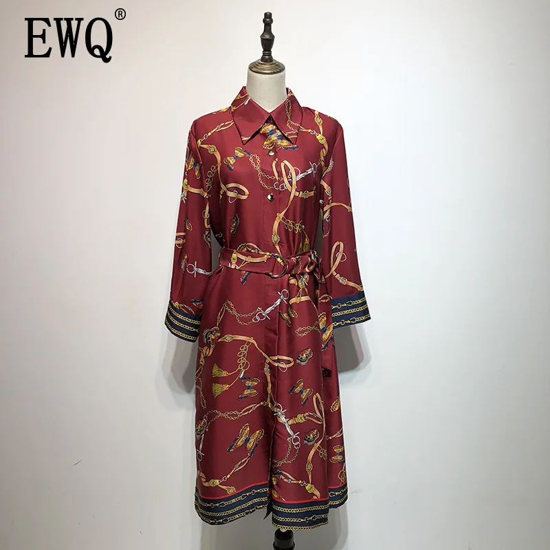 

[EWQ] 2019 Spring Autumn New Pattern Lapel Long Sleeve Print Patchwork Adjust Waist Casual Shirt Dress Women AH16703L