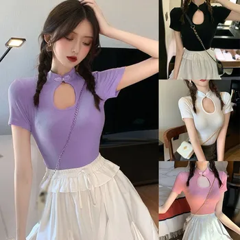 

Women's knitted short sleeve top retro heart cut out sexy o-neck short T-shirt casual solid tee shirt