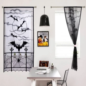 

Halloween Bat Pattern Black Door Curtain Halloween Window Decoration Lace Curtains Festival Products