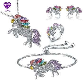

Cartoon Colorful Unicorn Necklace Earrings Bracelet Set Valentine's Day Gift Jewelry