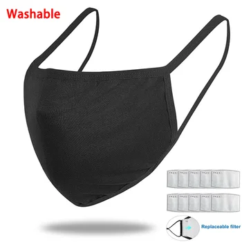 

5 PCS Breathable Cotton Black Face Mask маски Protection Mouth Mask With Replaceable PM2.5 Gasket Outdoor Protective Mask