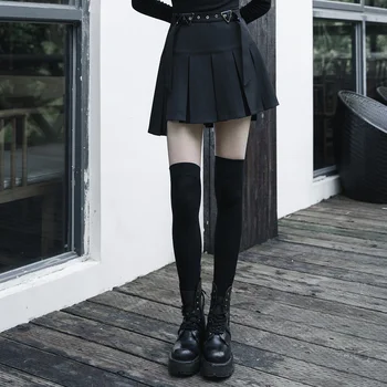 

PUNKRAVE Women's "Hardcore Girl" Series Simplest Short Front and Long Back Pleated Skirt Punk Asymmetrical Hem Hig Waist Skirt