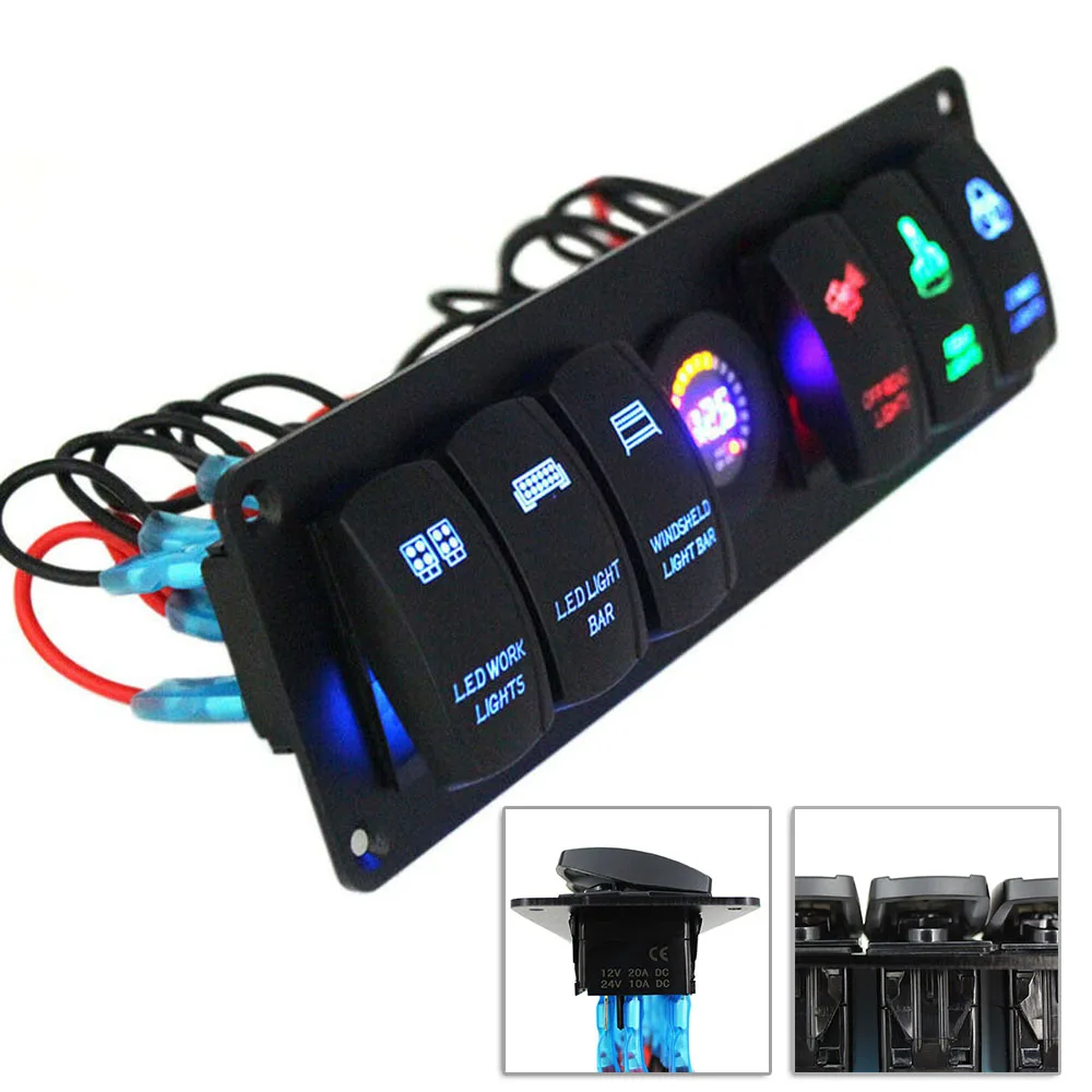 6 Gang LED Rocker Switch Panel Circuit Breaker Voltmeter Car Marine Boat 12V 24V