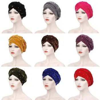 

Cross Long Braid Velve Beading Muslim Turban Hat for Women Chemo Beanie Cap solid color Hair Accessories