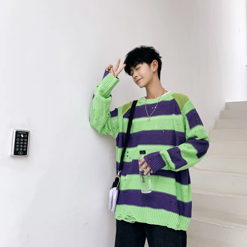 Autumn Hole Sweater Men's Fashion Contrast Color Casual Knit Pullover Man Streetwear Wild Loose Long Sleeve Striped Sweater