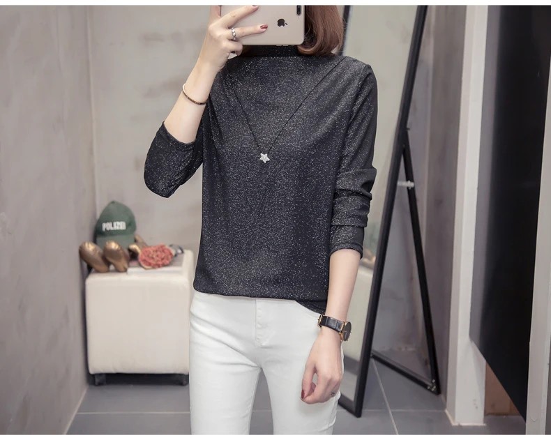 Plus Size Bright Silk Tops Tee Shirts Women 2020 Autumn Trendy Turtleneck Long Sleeve Office Lady Basic T-shirts Oversize Tshirt