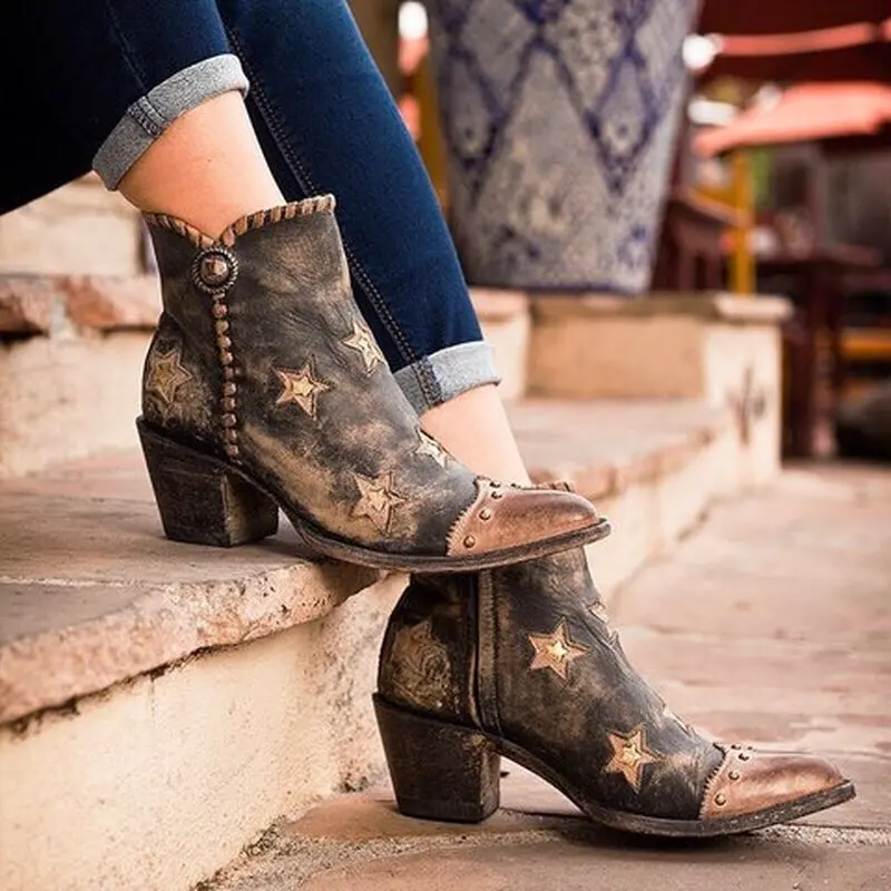 Ankle Boots for Women  Chunky Mid Heels Gladiator Sexy Shoes Short Vintage Booties Pointed Toe Rome Rivet Lady Fashion D16