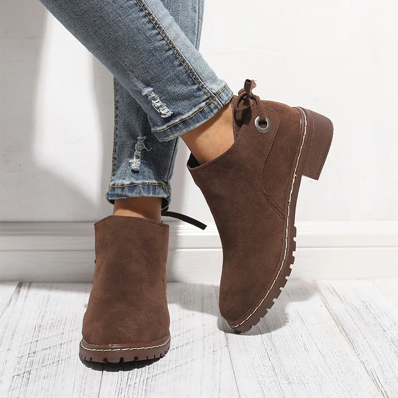 

Women Autumn Lace Up Flock Ankle Boots Ladies Bowtie Platform Thick Middle Heels Fashion Female Casual Cotton Shoes 2019 New