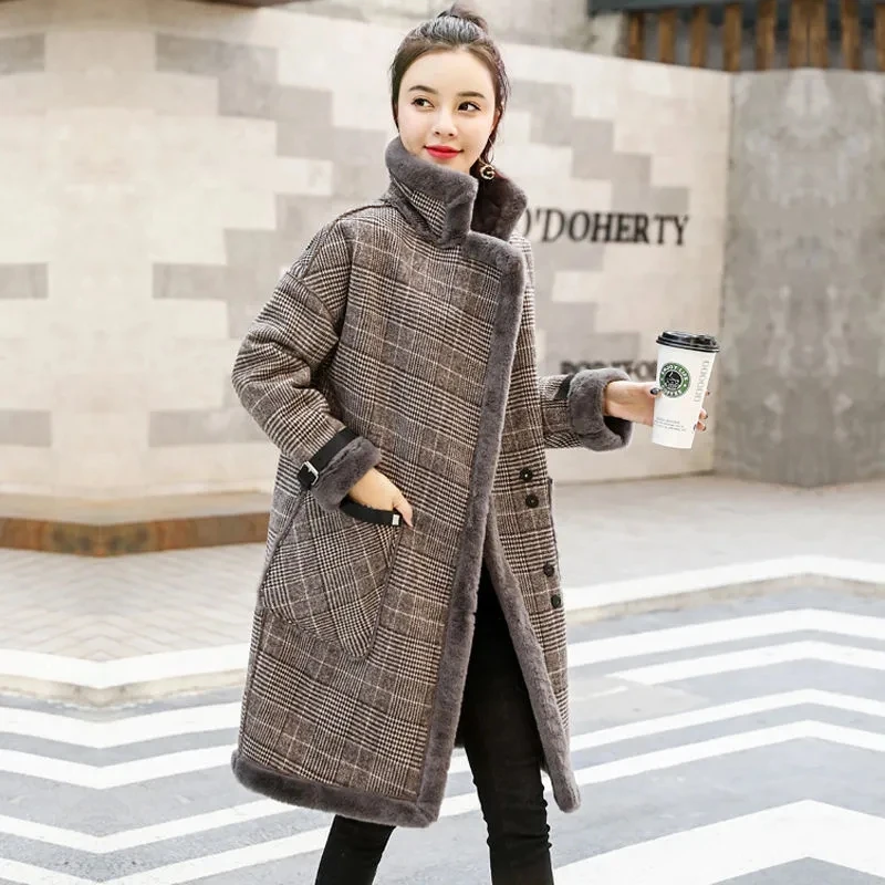 

Winter Thicken Velvet Lining Wool Coat Women Vintage Casual Faux Leather Fur Jacket Mid-Length Lamb Woolen Plaid Overcoat Female