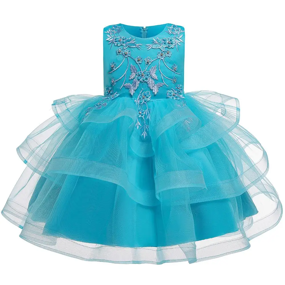 Детская одежда для девочек без рукавов с вышивкой, платье для маленьких девочек летние модные вечерние платья принцессы на выпускной, платье для танцев с цветочным рисунком нарядное платье для детей - Цвет: blue