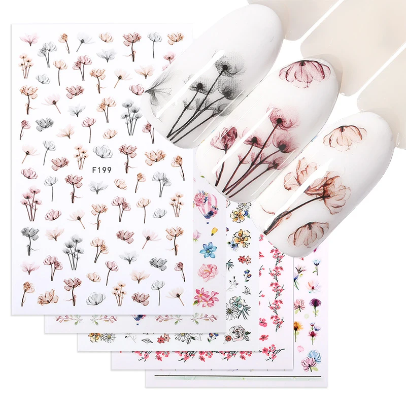 1PC 즙이 많은 식물 꽃 3D 네일 스티커 봄 꽃 잎 접착제 전송 데칼 슬라이더 DIY 네일 아트 장식