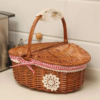 

Wicker Willow Woven Picnic Basket with Lid and Handle Camping Picnic Shopping Food Fruit Picnic Basket