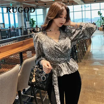 

RUGOD Fashion snake Print blouse women elegant v neck lantern sleeve tunic belted blusa femme office lady shirt spring blouse