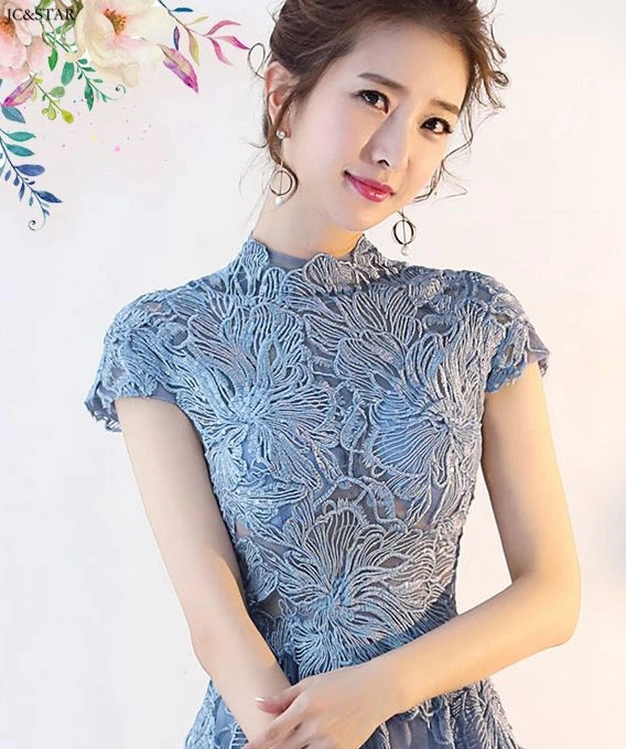 Vestido madrinha, новинка, кружевное платье трапециевидной формы с коротким рукавом и круглым вырезом, пыльно-голубое платье подружки невесты, свадебное платье со шлейфом, винтажное платье для гостей, damas de hon