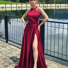 Женское атласное выпускное платье, длинное красное с Боковым Разрезом, без рукавов, длина до пола, великолепное, с Боковым Разрезом, женские вечерние платья, Элегантное макси платье для выпускного вечера
