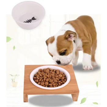 

Pet Dog Cat Bowl Ceramic Bowl Bamboo Wooden Table Into A Kitten Skid Resistant Double Bowl Small Dog Food Bowl