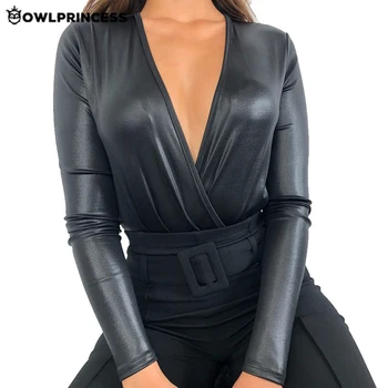 

Madam clothing OWLPRINCESS New Black Leather Bodysuit Deep V Neck Mesh Long Sleeve Skinny Bodysuits Wear Bodysuits Femme