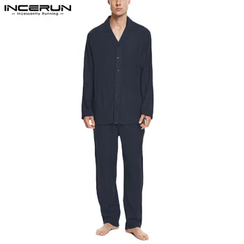 

INCERUN Men Casual Long Sleeve Lapel Tops Elastic Pants Homewear Fashion Solid Pajamas Sets Men Loose Sleepwear Suits Plus Size