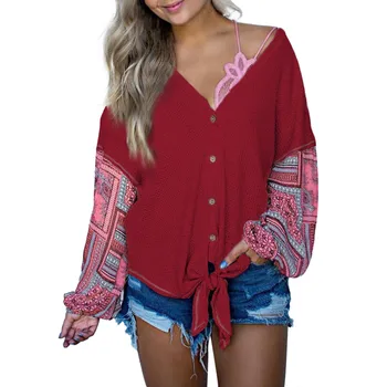 

Blouse women блузка женская Summer autumn tops and blouses Print Stitching Long-Sleeve Knit Cardigan Tops hirts Free shipping #3