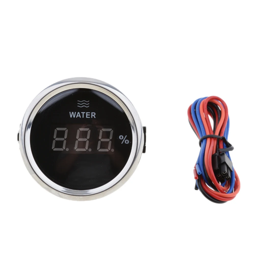 2 inch 52mm LED Digital Water Level Gauge 0-190 ohm, Liquid Tank Monitor for Marine Boat Car RV Truck, Chrome Black