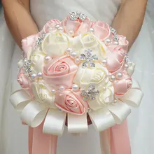 Цвет слоновой кости розовый атласные свадебные цветы Кристаллы Свадебные букеты Искусственные Свадебные букеты buque de noiva