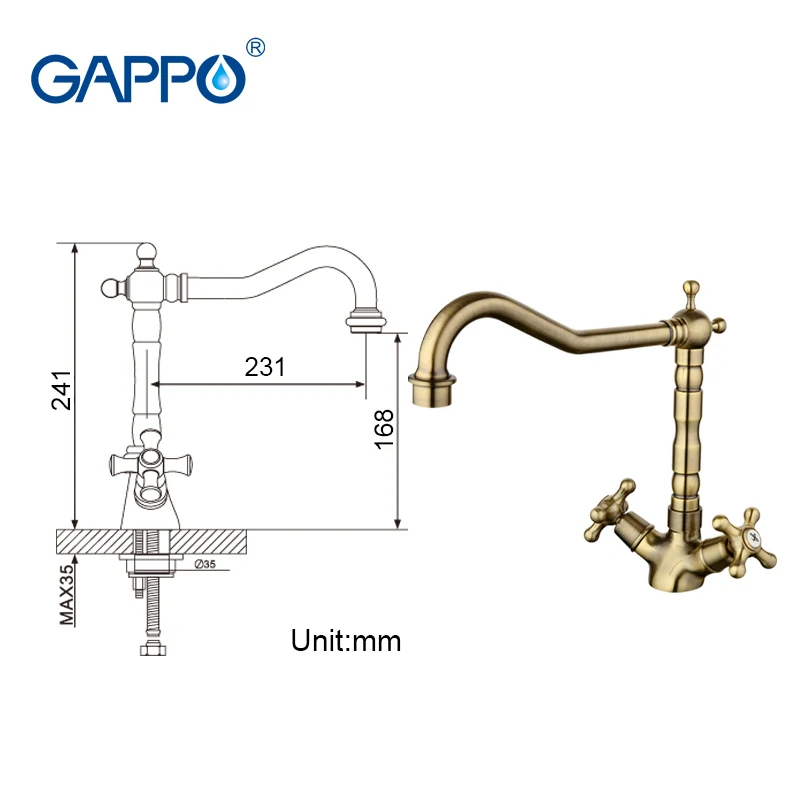 GAPPO античный кухонный кран, смеситель для воды, латунный кухонный смеситель, кран и смеситель для кухонной раковины, кран для холодной и горячей воды, GA4063-4