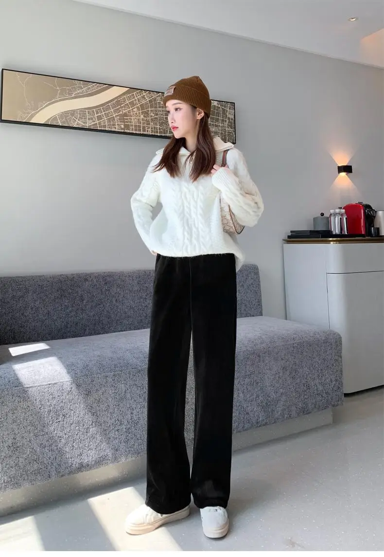 

2022 Spring Fall Wide Leg for Women Warm Winter Thick Loose Pants Lady High Waist Casual Soild Color Corduroy Trousers Fashion