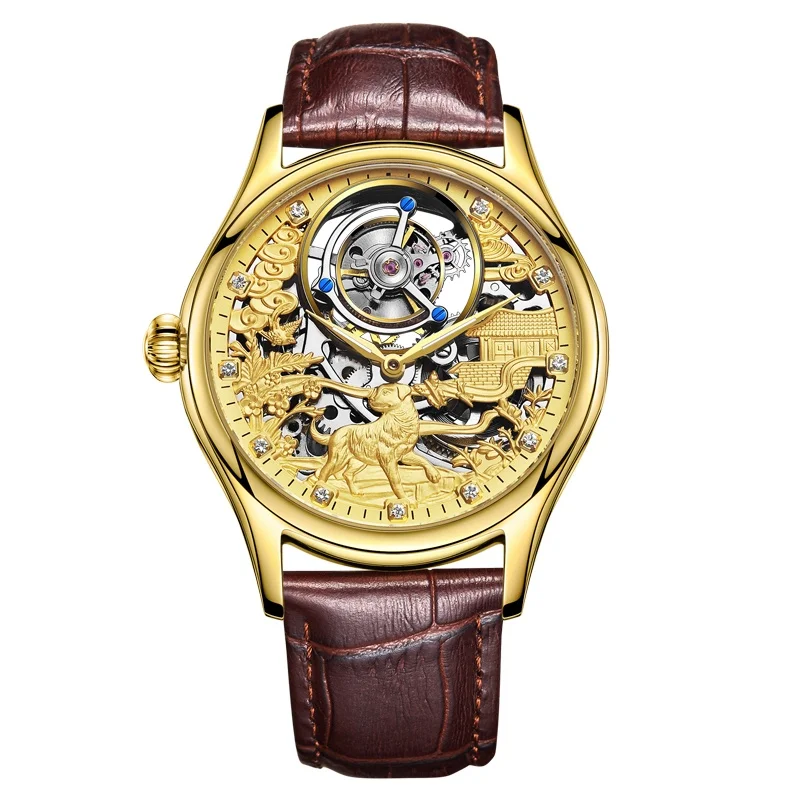 Турбийон часы GUANQIN часы мужские часы с циферблатом с собакой лучший бренд класса люкс сапфировый водонепроницаемый скелет Relogio Masculino - Цвет: Кофе