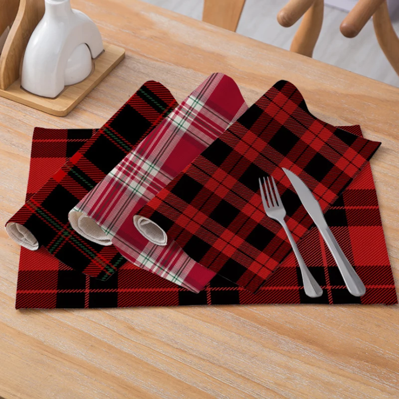 

Christmas Table Napkin Dining Table Placemat Kitchen Tool Plaid Tableware Pad Coaster Coffee Tea Party Table Mat Home Decoration