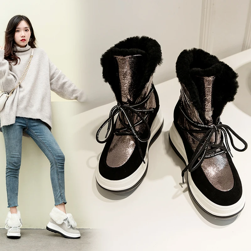 Зимние сапоги из натуральной кожи сапоги на плоской подошве на платформе Для женщин зимние теплые ботильоны на шнуровке; повседневная женская обувь; большие размеры 42, 43