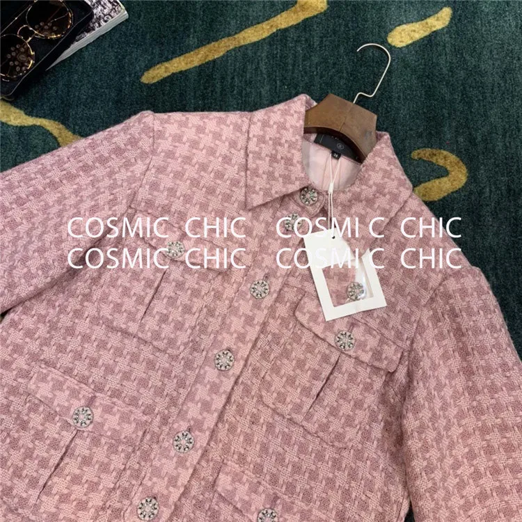 Cosmicchic, подиумный женский твидовый пиджак, однобортный, розовый, в клетку, с карманами, короткое пальто, тканые куртки, элегантная офисная одежда