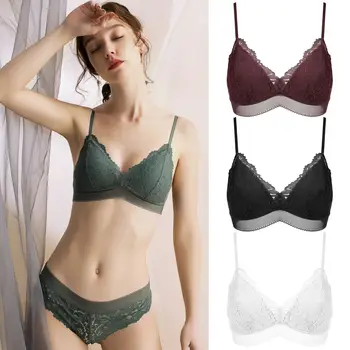 

Women Cozy Soft Push Up Bra with Underpants A Set Female Lace Ruffles Embroidered Breathable Bralette Crop Top and Panty A Set