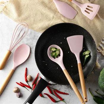 

11Piece Silicone Cooking Utensil Set With Tongs-Grey With Wooden Handle Cookware