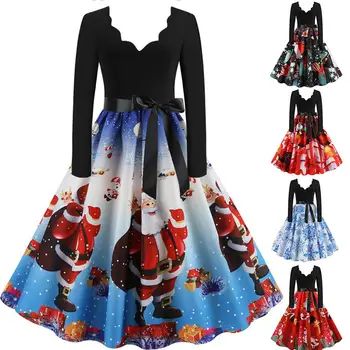 

Christmas Dress Black Big Swing Print Vintage Women Winter Casual Long Sleeve V-neck Sexy Large Swing Cocktail Midi Dress 2020