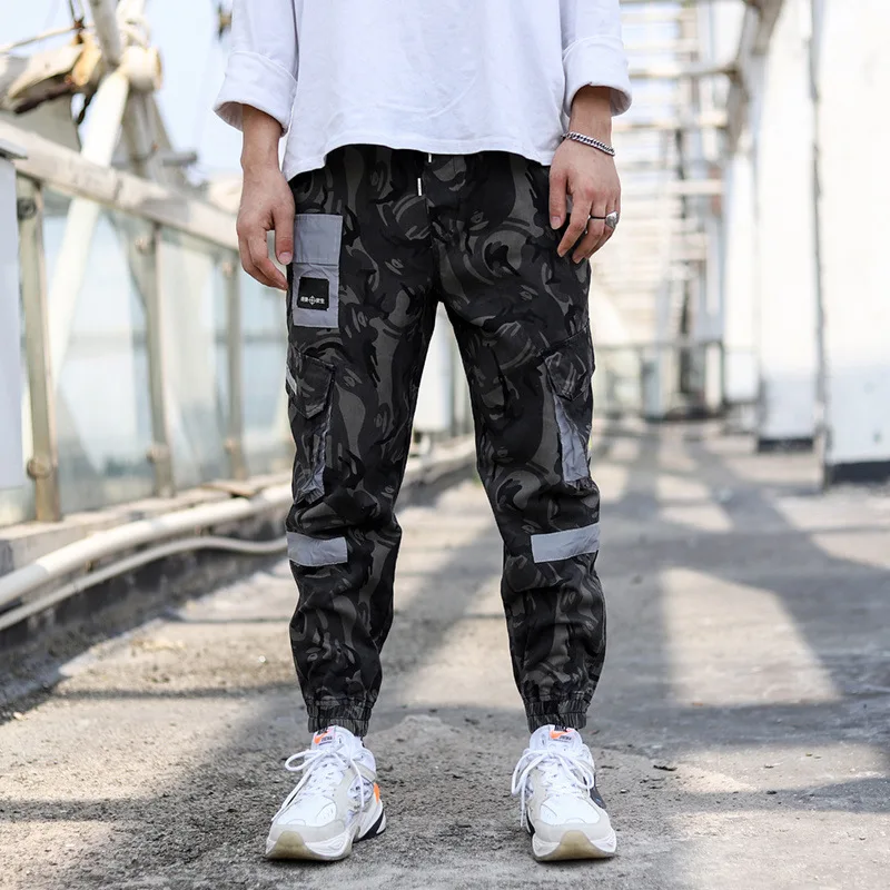 Уличная одежда, спортивные штаны для мужчин, Jogger, эластичная резинка на талии, длина по щиколотку, брюки Светоотражающие, модные мужские брюки карго HZ152