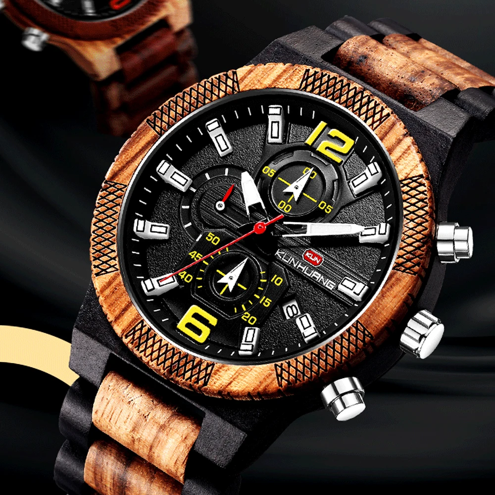 Men's Wood Watches Luxury Luminous Multi-function Wooden Watch Men's Quartz Retro Watch Men Fashion Sport Timepieces Relogio