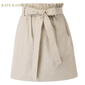

Kate Kasin Casual A-Line Skirts Women Belt Decorated Mini Skirt With Pockets Elastic Waist Female New Fashion Skirt Summer 2020