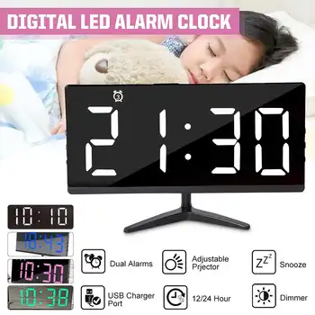 

LED Digital Alarm Clock USB Charging Multifunctional Mirror Snooze Calendar Table Electronic Clock 4 Level Adjustable Brightness