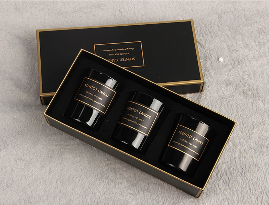 Romantic And Warm Gift Set For Three Scented Candle In Black Glass Jar