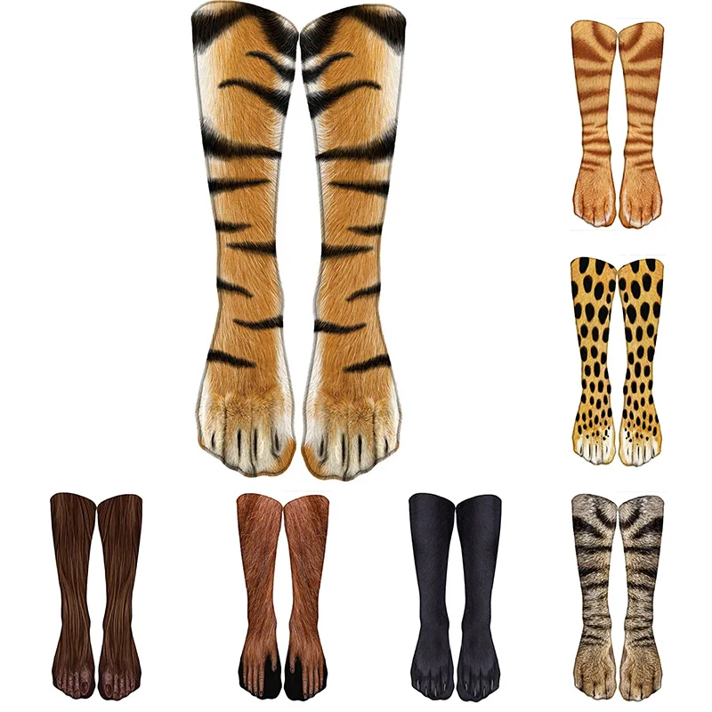 New 3D Print Adult Animal Paw Socks Unisex Crew Cat Long Stocks Elastic Breathable Sock Dog Horse Zebra Pig Cat Paw