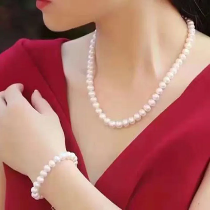 

Set of 9-10mm Round Sea White Natural Pearl Necklace 18" & Bracelet 7.5-8" 14K JJ
