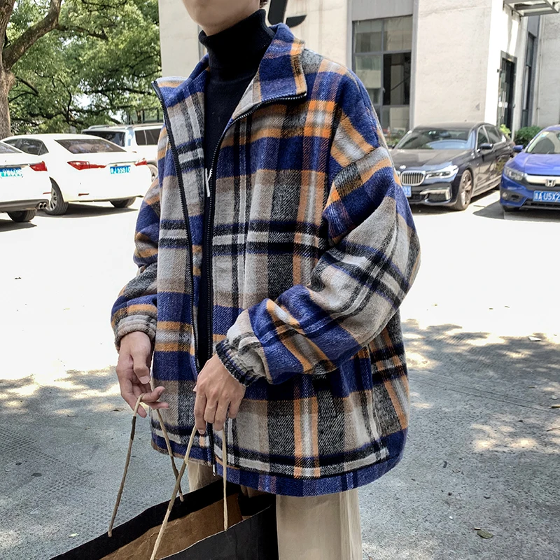 LAPPSTER Мужская корейская мода клетчатый Тренч пальто пальто Мужская Уличная ветровка Harajuku модная длинная куртка пальто - Цвет: Blue
