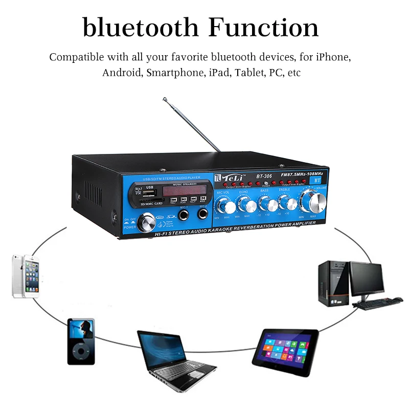 Профессиональный аудио усилитель мощности bluetooth HF домашний кинотеатр Автомобильные усилители сабвуфер дистанционное управление Поддержка FM USB SD
