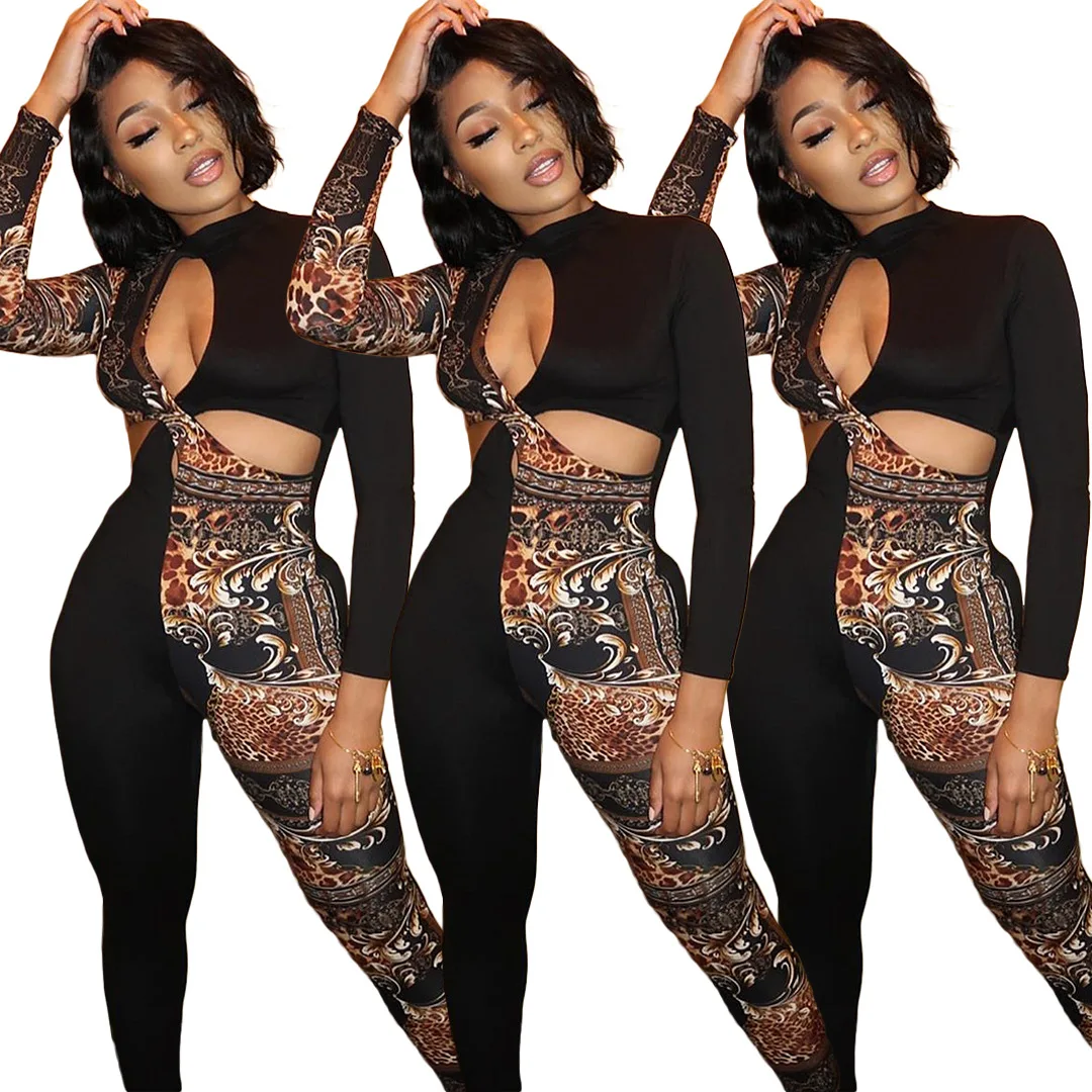 

Women's sexy fashion personality nightclub wear jumpsuit Hollow leopard print asymmetric stitching jumpsuit