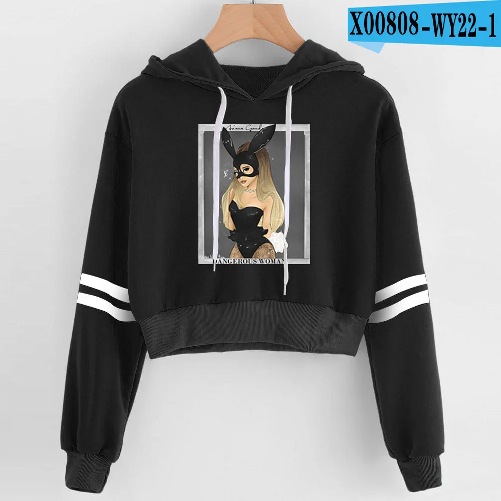 black Ариана Гранде толстовки Розовая Толстовка для девочек Kawaii Одежда росы пупка корейские толстовки с капюшоном укороченный топ Женская повседневная одежда - Цвет: black